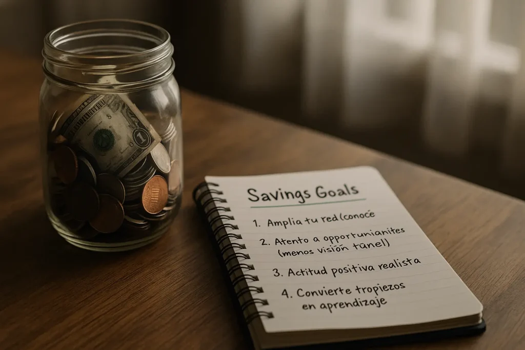Tarro con monedas y billetes junto a libreta con metas financieras, contraste entre acción real y frases motivacionales