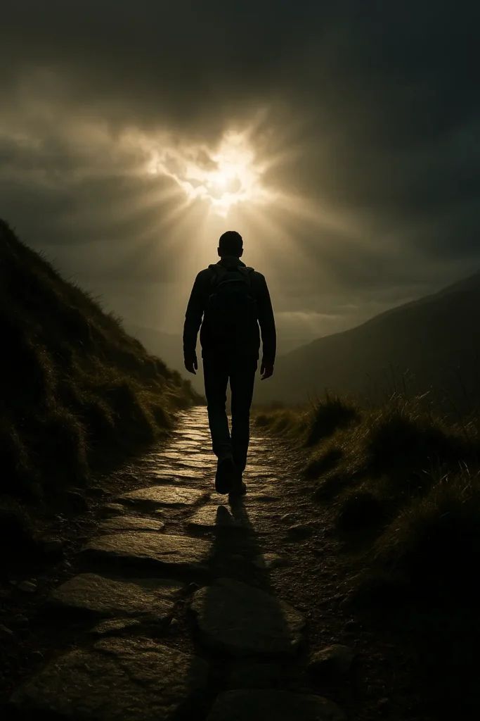 Hombre caminando solo por un sendero empedrado hacia la luz, simbolizando esfuerzo y constancia