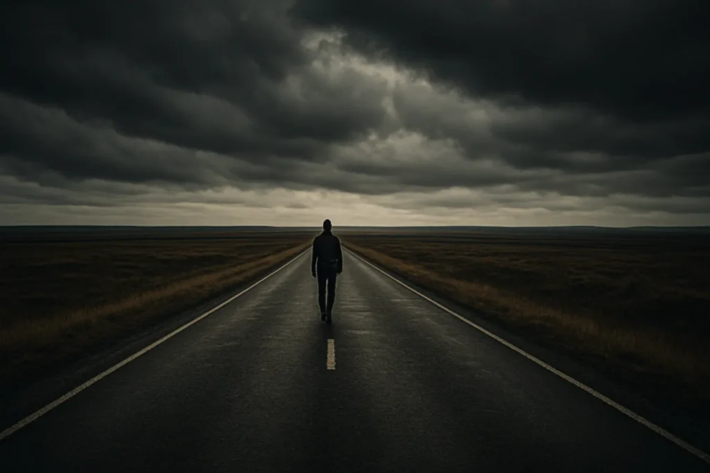 Hombre caminando solo en una carretera bajo nubes oscuras, símbolo de independencia y esfuerzo real