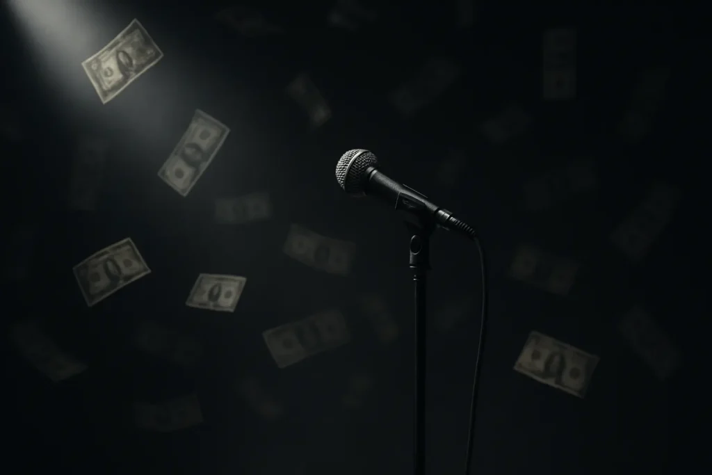 Micrófono iluminado con billetes cayendo alrededor, metáfora del negocio lucrativo de la autoayuda