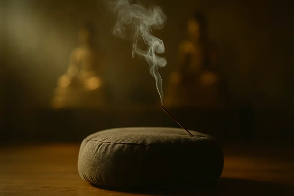 Cojín de meditación con incienso encendido y humo elevándose frente a estatuas doradas desenfocadas