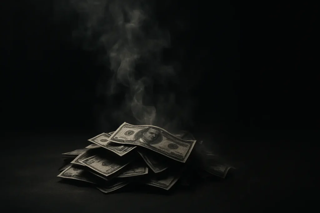 Pila de billetes con humo elevándose, metáfora del dinero perdido en autoayuda mágica