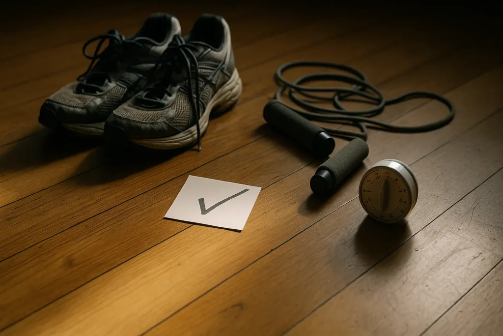 Zapatillas deportivas, cuerda de saltar y cronómetro junto a un check, representación de disciplina real