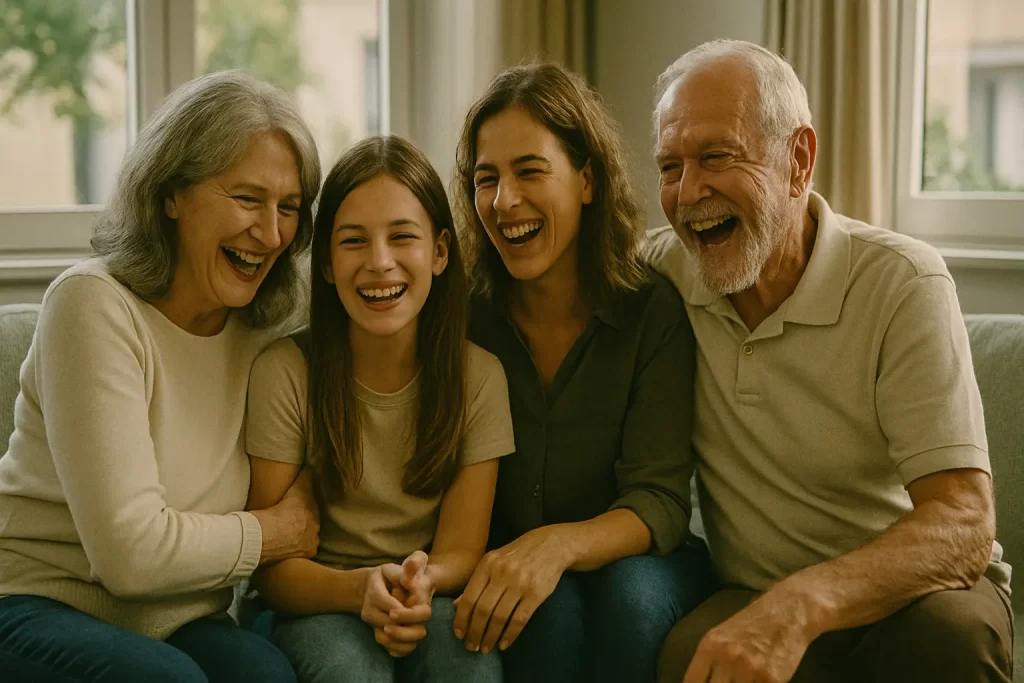 Familia reunida en el sofá de casa, compartiendo risas y transmitiendo alegría y buena energía.