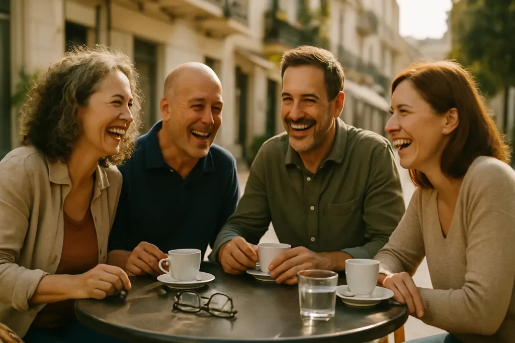 Grupo de amigos de mediana edad riendo juntos en un café al aire libre, transmitiendo buena energía.