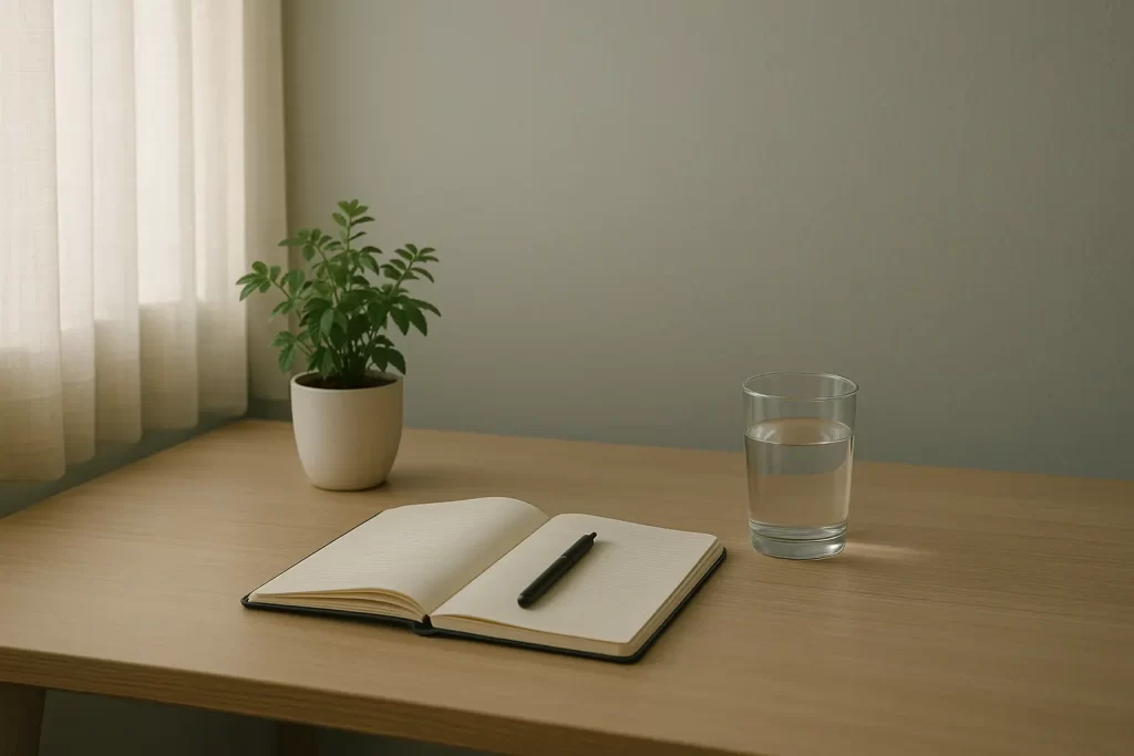 Mesa limpia con libreta, vaso de agua y planta pequeña, metáfora visual de calma mental tras reducir decisiones.