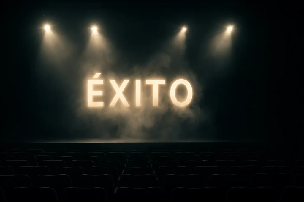 La palabra “Éxito” iluminada en un escenario vacío, símbolo del éxito ilusorio de conferencias motivacionales