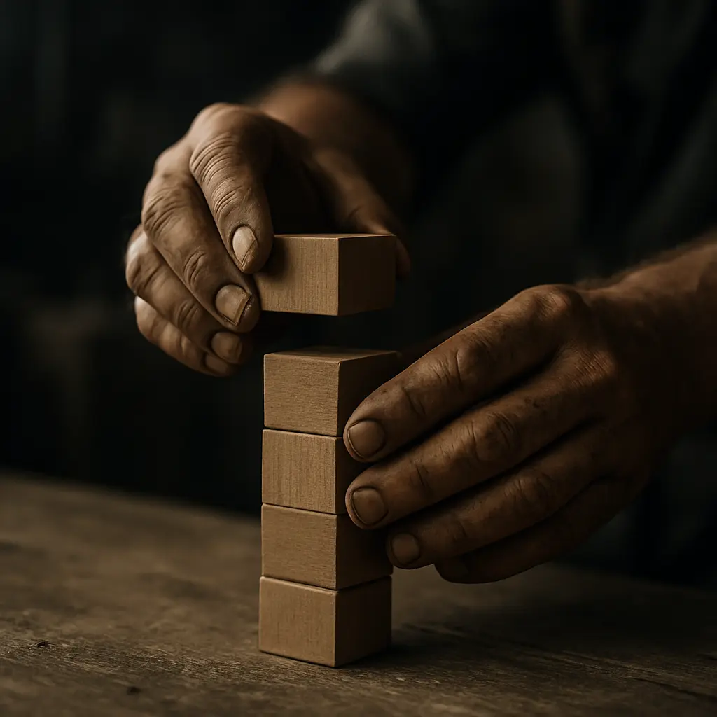 Manos trabajadas apilando bloques de madera, representación del esfuerzo y la construcción real frente a atajos falsos