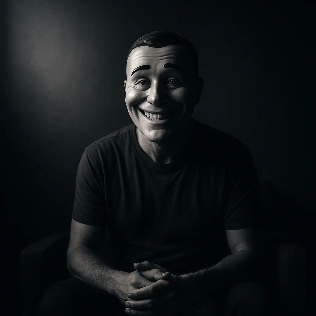 Hombre con máscara sonriente en un entorno oscuro, representación de la fachada de felicidad vendida en autoayuda