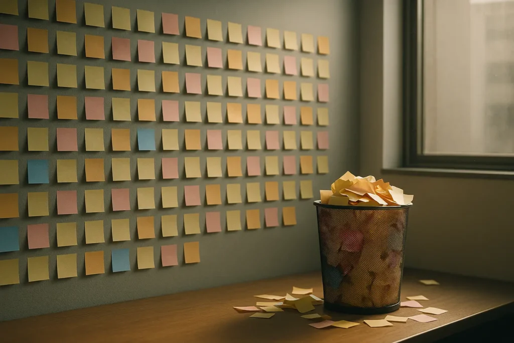 Pared repleta de post-it de colores y papelera llena de notas, metáfora de frases motivacionales vacías