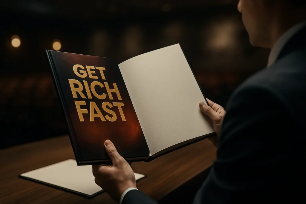 Hombre sosteniendo un libro con portada “Get Rich Fast” y páginas en blanco, metáfora de promesas vacías