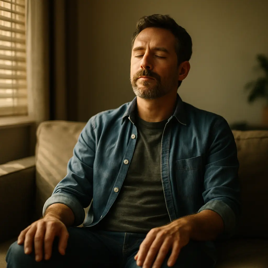 Hombre de 40 años meditando en un sofá con luz natural entrando por la ventana