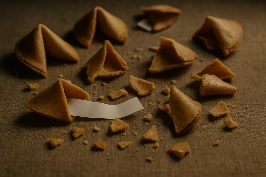 Varias galletas de la fortuna rotas sobre mesa, metáfora de falsas predicciones