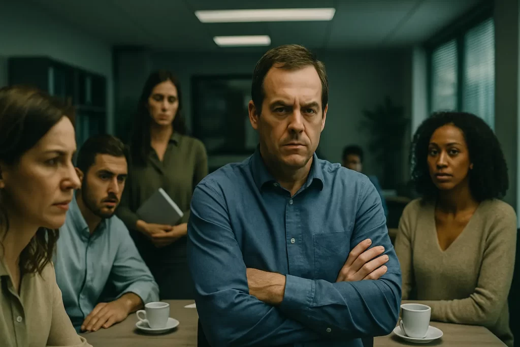 Varios compañeros en una oficina mirando incómodos a una persona con expresión tensa y negativa.