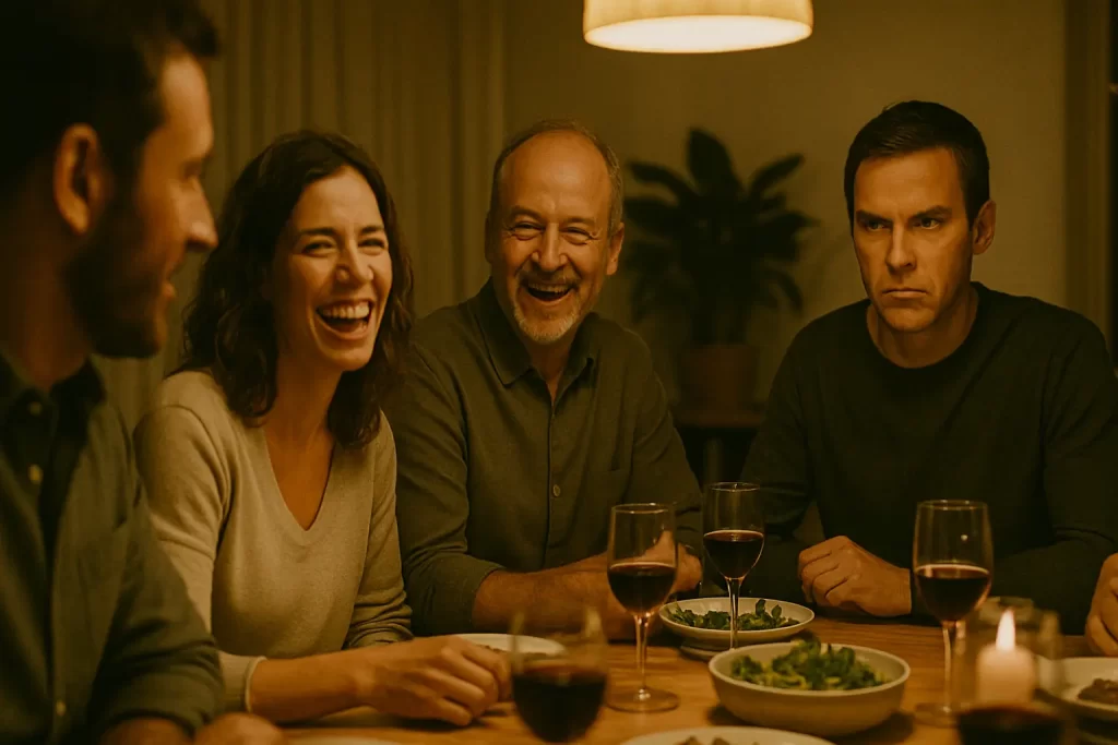 : Varias personas en una cena, la mayoría sonríen, pero una persona distante transmite mala energía.