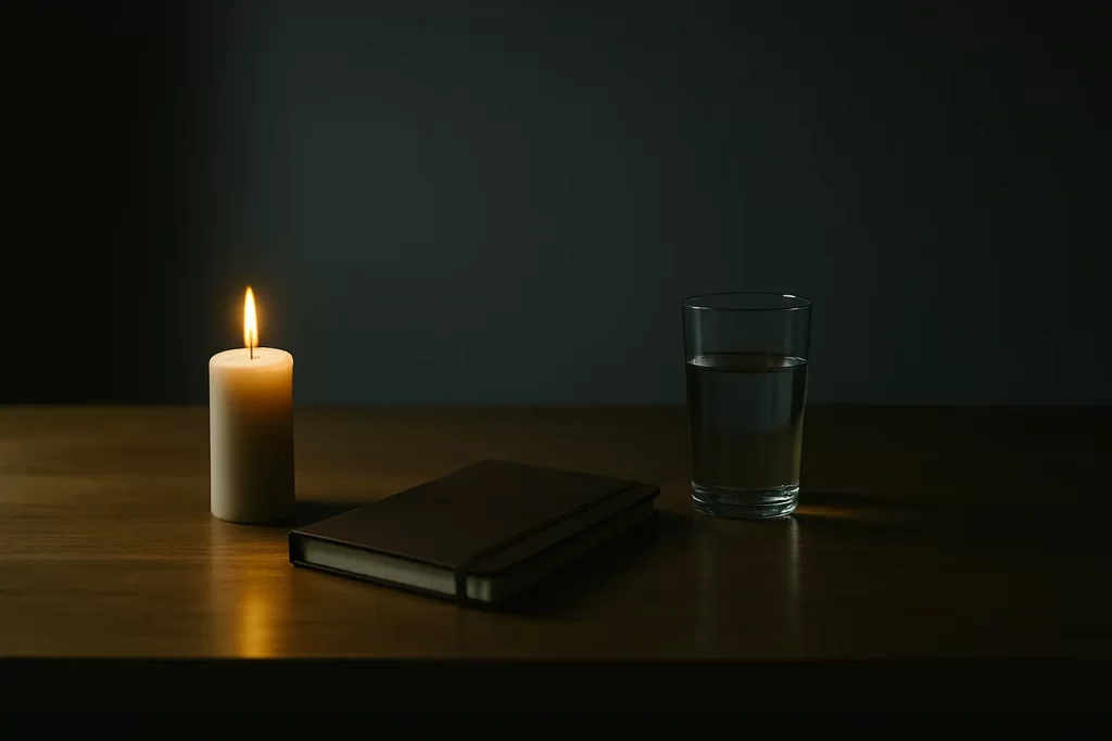 Mesa minimalista con vela encendida, diario cerrado y vaso de agua iluminados con luz natural
