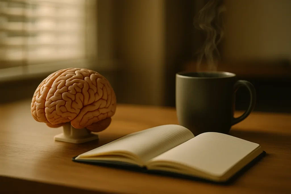Modelo anatómico de cerebro junto a cuaderno abierto y taza con vapor sobre escritorio de madera
