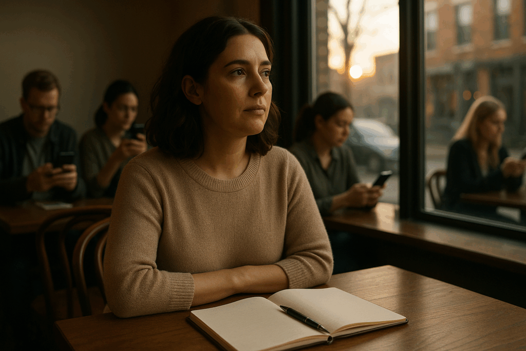 Mujer observando por la ventana en un café con libreta abierta mientras otros usan el móvil.