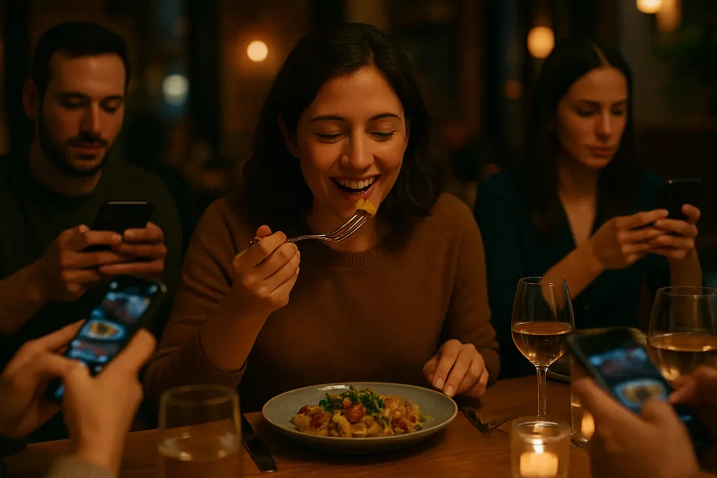 Mujer sonriente probando su plato mientras los demás lo fotografían con el móvil.