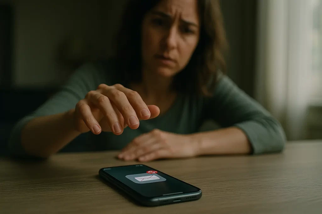 Mujer estresada con el móvil sobre la mesa mostrando decenas de mensajes sin responder, símbolo de decisiones acumuladas.