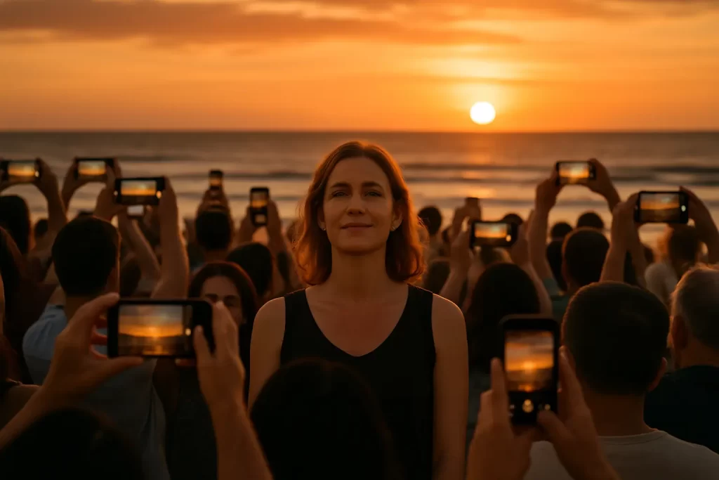 Mujer mirando el atardecer en la playa mientras una multitud fotografía con móviles.