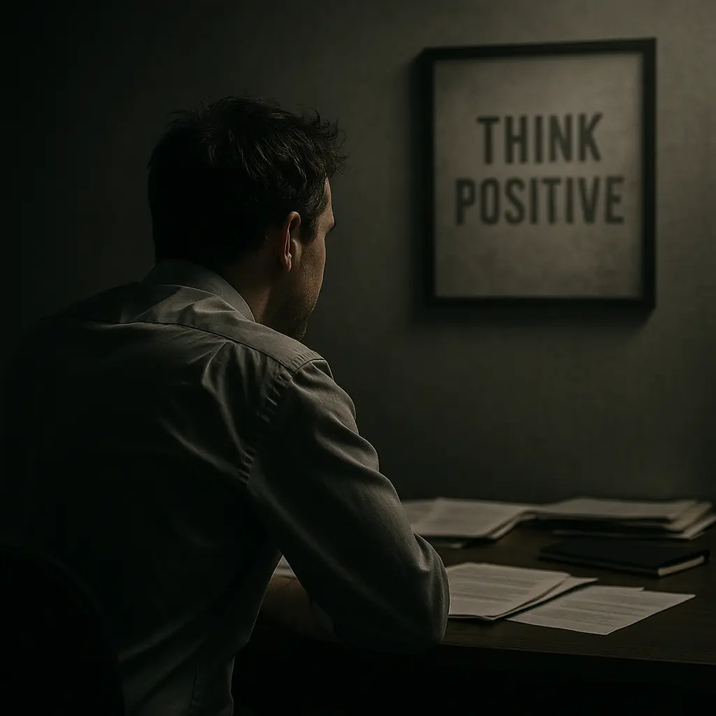 Hombre sentado en un escritorio mirando un cartel en la pared que dice “Think Positive”, símbolo de frases vacías