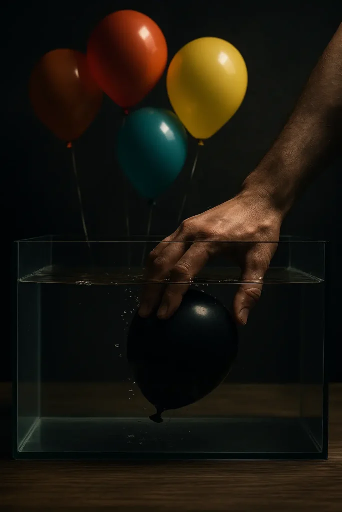 Mano hundiendo un globo negro en agua mientras otros globos flotan, metáfora de reprimir emociones reales